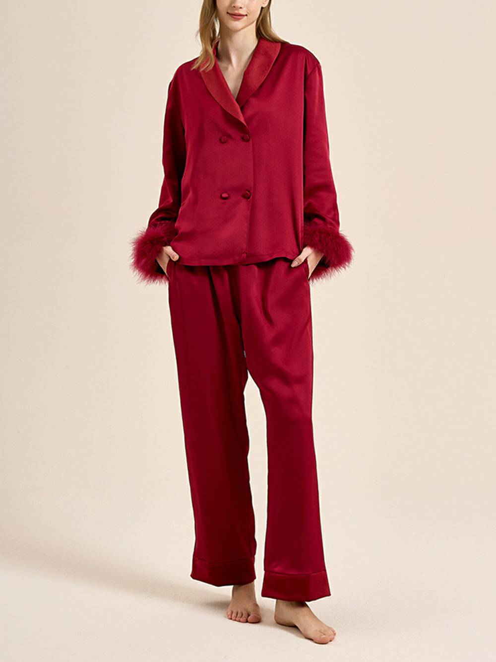 Feather Trim Red Pyjamas Set MuseChoices